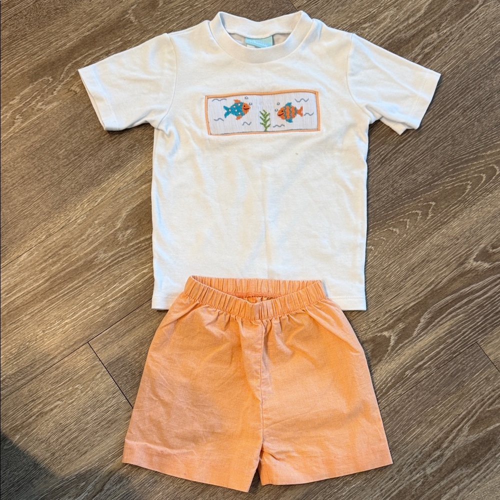 Classic whimsy White T-Shirt and Orange Shorts Set embroidered